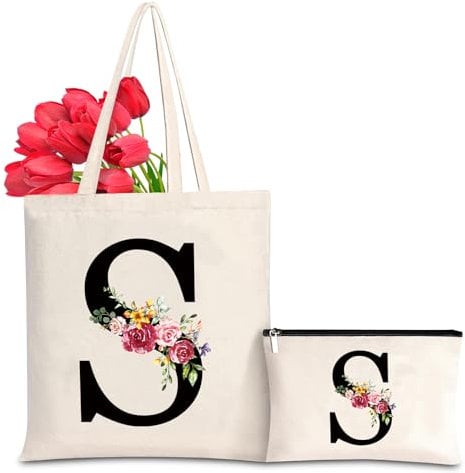 Baumwolltasche personalisiert mit Namen, Frauen Initialen Leinwand Geschenk Tragetasche und Kosmetiktasche für Damen Freundin Mama Schwestern Ehefrau Geburtstag, Valentinstag, Muttertag Tasche(S)