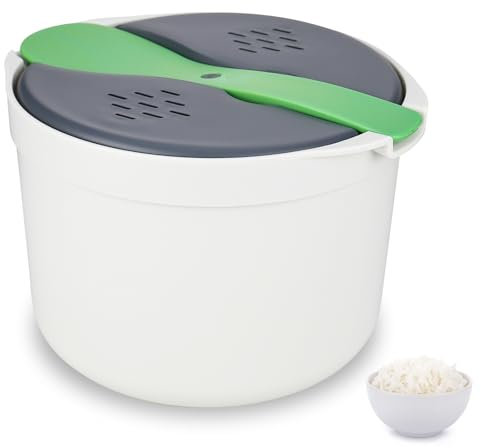 RUCUDIM Microwave Rice Cooker 2L Microwave Steamer Set Household Microwave Rice Steamer Non Stick Rice and Pasta Cooker High Temperature Resistant Steam Pot with Rice Scoop, Lid for Vegetables Meats
