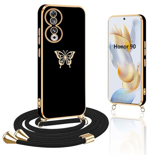 Papillon Coque avec Cordon Compatible Honor 90 5G - Étui Silicone Antichoc avec Collier Réglable - Housse Lanyard Case pour Honor 90, Noir