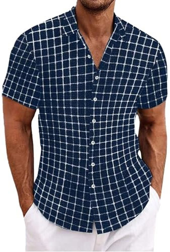 Chemise à carreaux décontractée de printemps pour homme, chemise à manches courtes avec boutons à rabat, pour homme, chemise bleue, Bleu marine, L