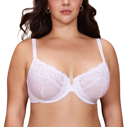 DELIMIRA Women's Front Fastening Bras Lace Unlined Full Coverage Plus Size Sheer Plunge Underwire Bra White 40D