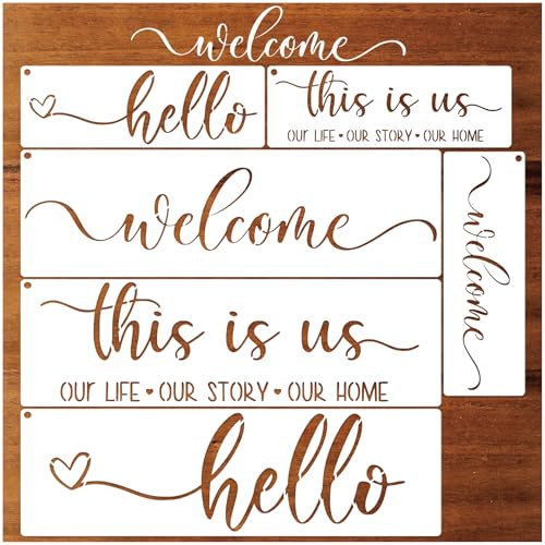Hosomono 6 Stück Welcome Hello Schablonen zum Malen auf Holz, Familien-Fußmatte, Schablonen für Stoff, Wand, Holzschild (Welcome-1), Weiß Klar