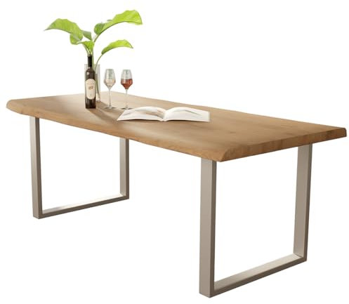Liadomo Esstisch 160x85 Diala Natur, Baumkantentisch, Baumkante, Akazie Massivholz Tisch, 35 mm Tischplatte lackiert, Robust & Pflegeleicht, Unikat, U-Gestell Metall Silber