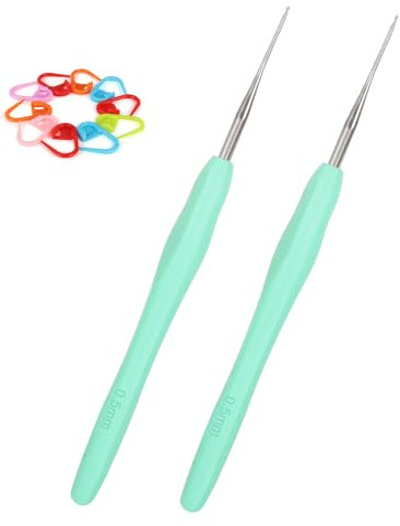 Aeeque 0,5 mm Spitze Häkelnadel, 2 Stücke Häkelnadeln mit Zubehör, Aluminium Häkelnadeln mit Gummigriff, Weich TPR Häkelnadeln für Arthritis, Häkelnadeln Set Kleine zum Häkeln Schal, Pullover, Mützen