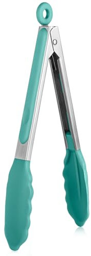 U-Taste 23cm Küchenzange aus Silikon: 250℃ hitzebeständige Kochzange mit fest versiegelten Antihaft-Gummispitzen & silikonbeschichtetem Stahlgriff & glatter Verriegelung zum Servieren (Aqua Sky)