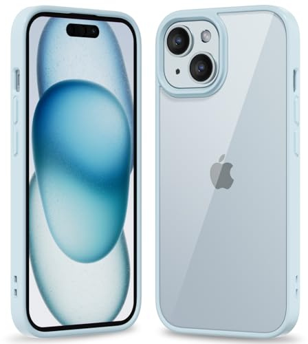 oakxco Thin Slim Clear case for iPhone 15 Plus/ 14 Plus, Transparent Hybrid Hard Shell Plastic & Soft Silicone Rubber Bumper, Non-Yellow Acrylic Protective Lightweight Cover for Women, Light Blue