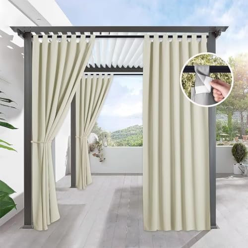Outdoor Vorhang Wetterfest, Outdoorvorhänge Blickdicht 132×183cm, Sichtschutz Sonnenschutz, Outdoor Vorhänge Wasserdicht mit Klettverschluss, Outdoor Gardinen für Balkon Pavillon Terrasse,Cremefarben