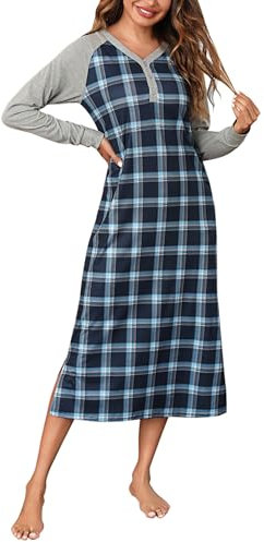 Bresdk Chemise de Nuit Femme Hiver, Chemise de Nuit Femme Manches Longues, Vêtements de Nuit Femme Coton, Robe de Nuit à Carreaux