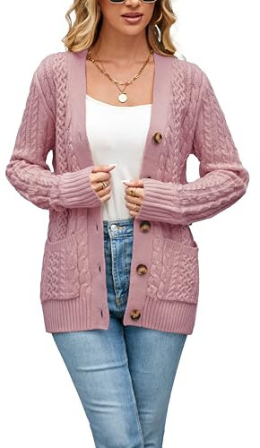 Cardigan da donna maglione lavorato a maglia a trecce 2025 autunno inverno grosso aperto davanti bottoni cappotti con tasche, rosa cipria, XS