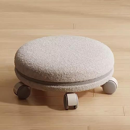 Runder niedriger Hocker, Lammfell-Rollhocker, mobiler Schwenk-Universalrad-Kleiner Hocker, Home-Seilzug-niedriger Hocker,White 34 * 34 * 14cm