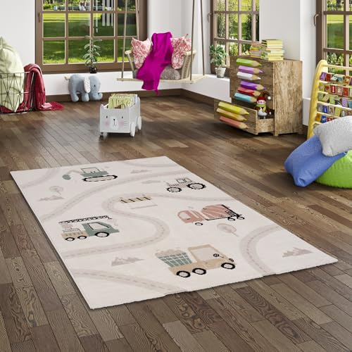 Pergamon Happy Kids Kinder Baustelle Bunt Creme - Weich, Strapazierfähig & Schadstoffgeprüft - Hoch-Tief-Struktur, 100% Polypropylen, Pflegeleicht, rutschfest - Perfekt für Kinderzimmer