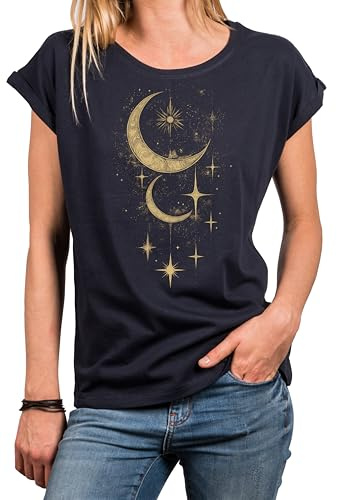 MAKAYA Damen Shirt Mondphasen Vintage Occult Gothic Kult Sterne Frauen Top Mond Motiv