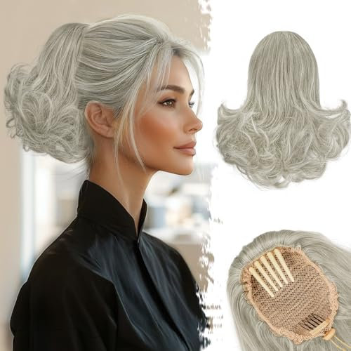 BARSDAR Kurzes Graue Ponytail Extensions, 25cm Lockige Wellige Comb Clip in Pferdeschwanz Haarteil mit Kordelzug Zopf Extensions für Damen Synthetisch Pferdeschwanz Haarverlängerungen - Silber Graue