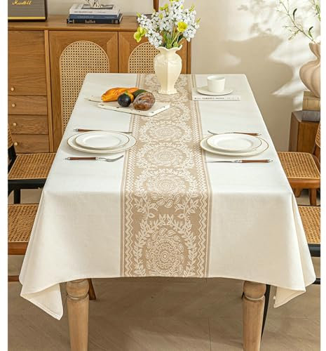Gualiy Tischdecke Rechteckig, Tischtuch 140 x 180 Baumwolle Leinen Tischdecke Wasserdicht Blumen Stickerei Tischdecke für Esstisch, Kaffee
