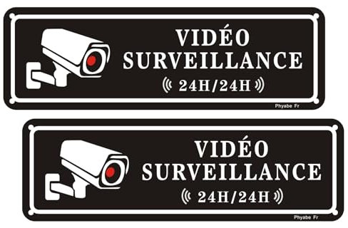 Phyabe Panneau Vidéo Surveillance 24h/24 Aluminium - Lot de 2, 25 x 8cm Panneau De Signalisation Camera Surveillance, Résistant aux UV, Imperméable, Montage Facile