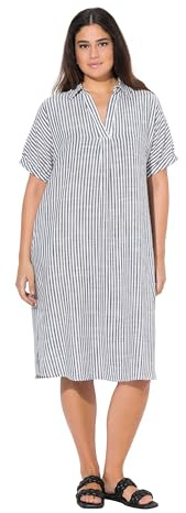 Ulla Popken Damen große Größen Übergrößen Plus Size Leinenmix-Kleid, Streifen, Oversized, Hemdkragen, Halbarm Marine 58+ 839745130-58+