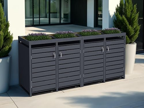 Quad Wheelie Bin Cover with Planter, Galvanised Steel, Anthracite Grey, Integrated Bin Holder