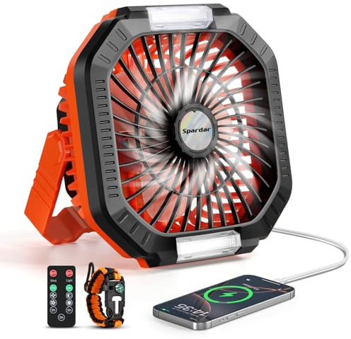 Camping Ventilator, 10000 mAh Ventilator USB-Tischventilator mit Licht, Haken und Paracord-Armband, 4 Windgeschwindigkeiten, 3 Timer-Einstellungen für Camping, Reisen, Strand, Familie (Orange Farbe)