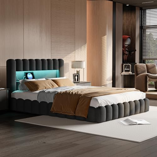 HNOUER Polsterbett 180x200 cm mit LED und USB-Anschluss,Doppelbett Boxspringbett mit Stauraum und Lattenrost,Funktionsbetten Rückenlehne Bettgestell,Jugendbett,Grau, Ohne Matratze