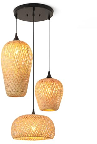 Schindora Lampenschirm HäNgelampe Bambus 3-Flammig,Boho Pendelleuchte Esstisch Handgewebt Laterne Vintage Lampe E27 Wohnzimmerlampe For KüChe Schlafzimmer