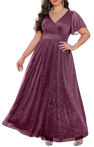 Talisea Geschäftskleidung in Übergröße – V-Ausschnitt, Flatterärmel, Glitzer, für Abschlussball, als Abendkleid oder für Hochzeit, Chiffon-Material, langes Maxikleid