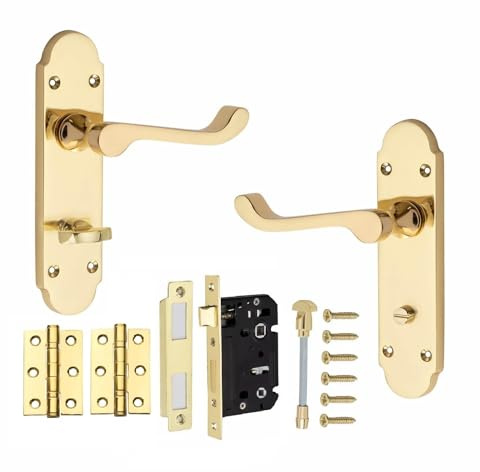 Golden Grace Victorian Scroll Bathroom Door Handle, Polished Brass | Supplied with a 2.5 inch bathroom mortise lock, zinc alloy hinges, spindle and fixing screws for a quick setup.