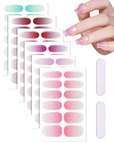 HUVZOR 12 Pièces Autocollant Ongles Gel UV Paillettes Rose Clair Gel Nail Art Stickers Semi-durci Stickers Ongle Deco Ongle Design Manucure