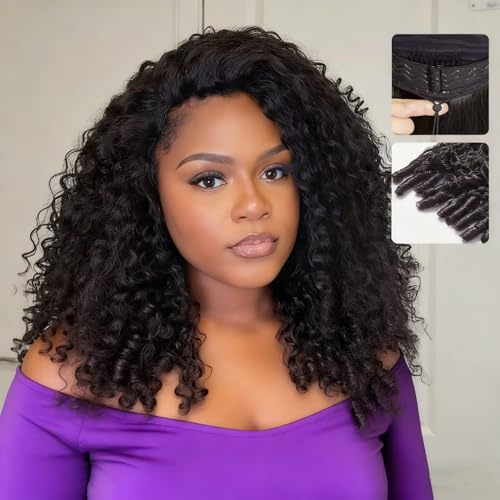 Half Wig Human Hair Burmese Curly Wigs with Spiral Curls for Women 180 Density Glueless Wigs 100% Human Hair Ready to Go 3 In 1 Seamless Flip Over Drawstring Natural Color 16 Inch
