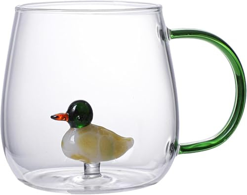 Tasse à café en verre transparent 3D résistant à la chaleur avec poignée, figurine d'animal mignon à l'intérieur pour café, thé, lait, cadeau fantaisie (canard)