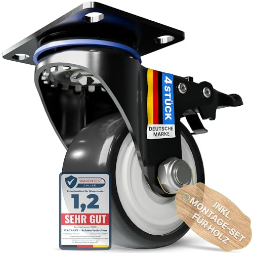 FIXCRAFT® 4 Schwerlastrollen mit Bremse [50mm] bis zu 200kg - Lenkrollen | Transportrollen, Möbelrollen, Bockrollen, Räder | Rostfreie Rollen Indoor + Outdoor | Für Werkstatt, Paletten