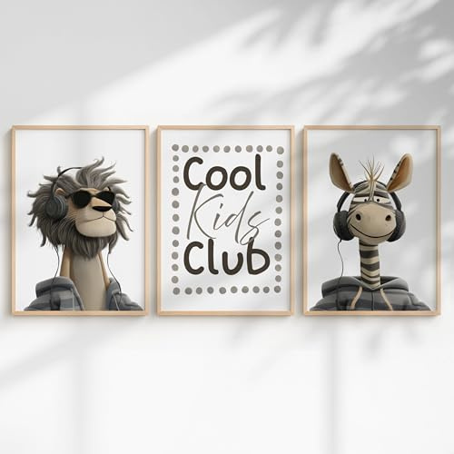 Generisch Cool Kids Club Poster Set – Kinderzimmer Bilder Tiere – Löwe Zebra Wandbilder – Moderne Deko für Kinder & Teens – Kinderzimmer Poster Set (DIN A4)