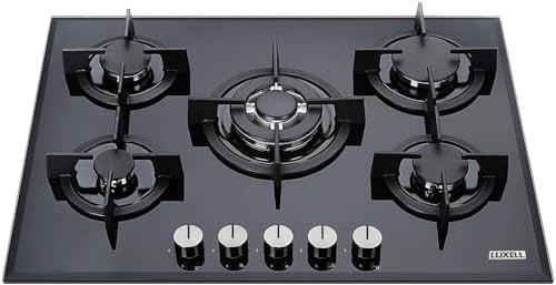 Piano Cottura a Gas 75 cm, 5 Fuochi, Vetro Temperato Nero, Griglie in Ghisa, Accensione Automatica, Bruciatore Wok 3500W, Metano e GPL