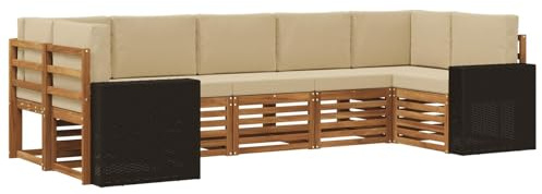 vidaXL Ecksofa Set mit Kissen 7 pcs Natur und Beige Polyester, Akazienholz Sofa für draußen, stylisches Gartenmöbel, modulares Set für Terrasse und Poolbereich