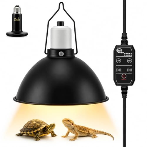 Reptilien Terrarium Lampenfassung mit 100W Keramiklampe, 4 Timer & Haken | 21cm Wärmelampefassung Terrarium, Ideal für Reptilien, Eidechsen etc.– Sorgt für Optimale Wärme und Schützt vor Verbrennungen