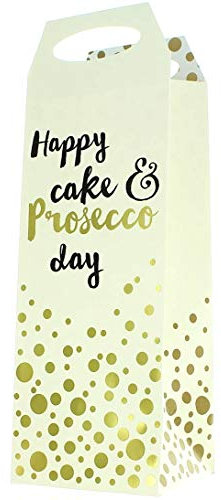 Cards Galore Online Bottle Unisex Gift Bag - Ivory & Gold Happy Cake & Prosecco Day 14.5 x 5