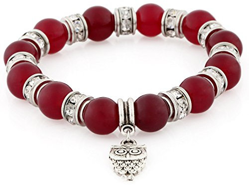 Morella Damen Armband Steinperlen mit Anhänger Eule und Zirkoniasteinen elastisch weinrot