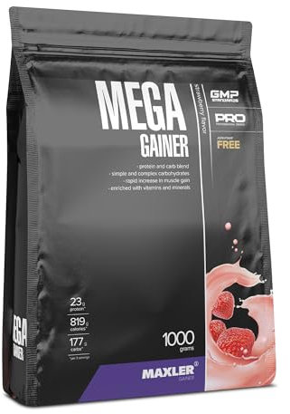 Maxler Mega Gainer - Gain de poids pour développer les muscles - Fraise - 1000g - combinaison de protéines, glucides, vitamines et minéraux - 10% de protéines de lactosérum - shake riche en calories