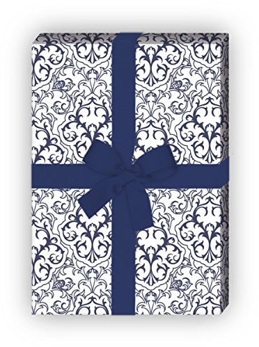 Kartenkaufrausch Klassisches Retro Geschenkpapier Set 4 Bogen mit grafischem Vintage Muster, blau, für edel Geschenkverpackung, Designpapier, scrapbooking 32 x 48cm