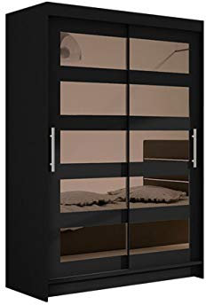 Mirjan24 Kleiderschrank Miami IV mit Spiegel, Modernes Schlafzimmerschrank, Schiebetürenschrank, Garderobenschrank (Schwarz)