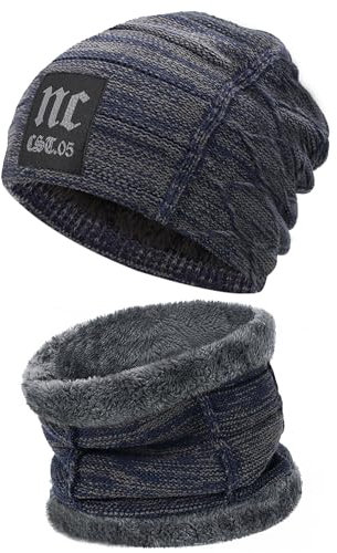 Bequemer Laden Herren Winter Warm Beanie Mütze Loop Schal Set Thermo Wintermütze Strickmütze Schlauchschal Halswärmer mit Fleece Gefütterte Geschenk Männer Weihnachten, Z Dunkelblau, Einheitsgröße