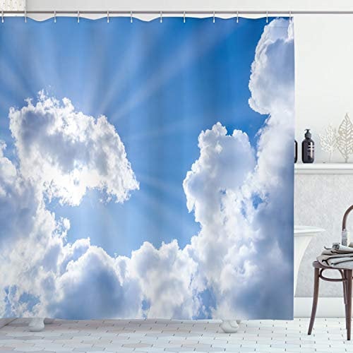 ABAKUHAUS Natur Duschvorhang, Wolken Landschaft, Stoffliches Gewebe Badezimmerdekorationsset mit Haken, 175 x 200 cm, Blau Weiß