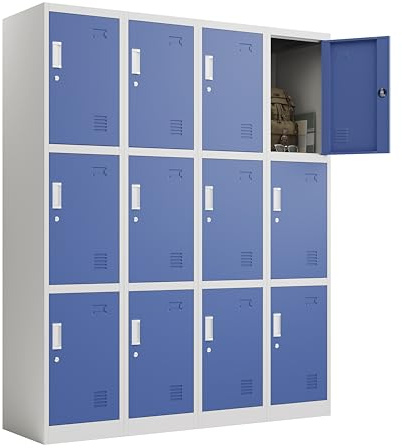 Racking Solutions 4 x 3 Door Metal Storage Lockers, Blue & Grey Steel Lockable Unit, Staff Gym School Changing 1850mm H x 380mm W x 450mm D
