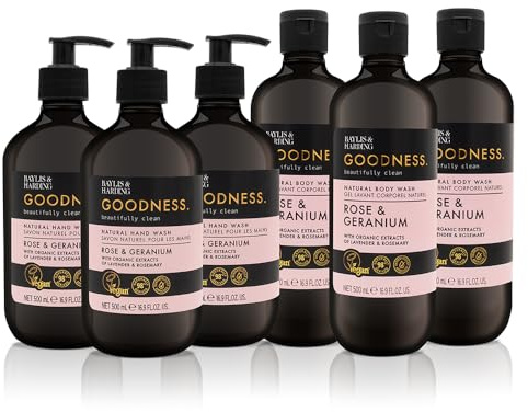 Baylis & Harding Goodness Rose & Geranium Toiletries Bundle: 3 x 500 ml Hand Wash & 3 x 500 ml Body Wash (6 bottles) - Vegan Friendly