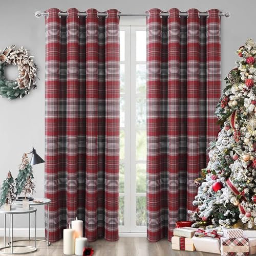 always4u Red Check Curtains Eyelet Ring Top Highland Tartan Curtain for Living Room Bedroom Burgundy Checked Fully Lined Pair of 46 * 72 Inches
