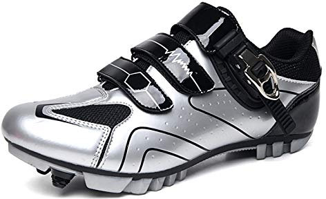 Prodkfe Moutntain Fahrradschuhe Herren Damen MTB Schuhe SPD Mountainbike Schuhe mit Schnalle B Silber 46 EU