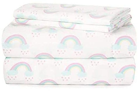 Heritage Kids 4-teiliges Bettlaken-Set, inkl. Spannbetttuch, Bettlaken und 2 Kissenbezügen, Regenbogen-Druck, voll