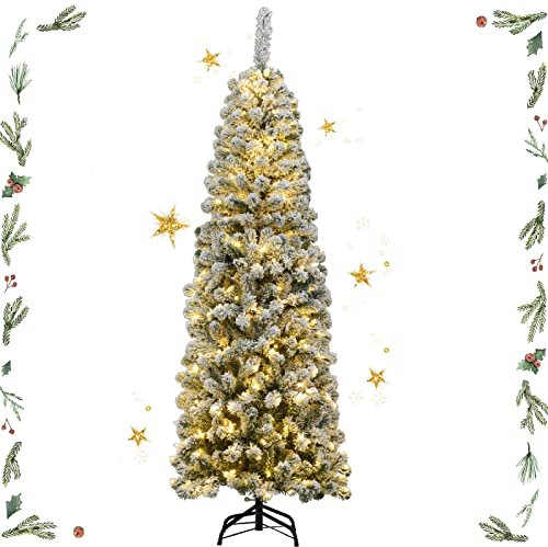 GYMAX Albero di Natale Slim 180 cm, Illuminato con 250 Luci Incorporate a LED, 500 Rami Innevati in PVC, Supporto Pieghevole in Ferro, Divisibile da Montaggio e Trasporto, per Interno/Esterno