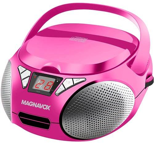 Magnavox MD6924 Portable Top Loading CD Boombox with AM/FM Stereo Radio in Black | CD-R/CD-RW Compatible | LED Display | AUX Port Supported | Programmable CD Player | (Pink)
