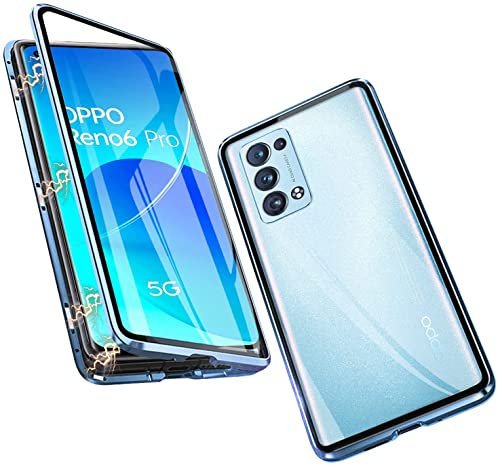 CHENYING Hülle kompatibel für Oppo Reno 6 Pro 5G Handyhülle, Case, Metallrahmen 360 Grad Full Body Schutzhülle Vorne und Hinten Transparent Hülle Gehärtetem Glas Schutz Cover,Blau