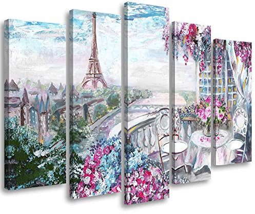 Feeby Tableau décoration 200x100 cm Peinture Paris Tour Eiffel La France Toile 5 parties Tableau Moderne Photo Chambre à Coucher Relaxer Fleurs Porche Fleuve violet